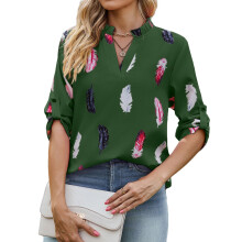 Women's Long-Sleeved Casual V-Neck Print-Dark Green L