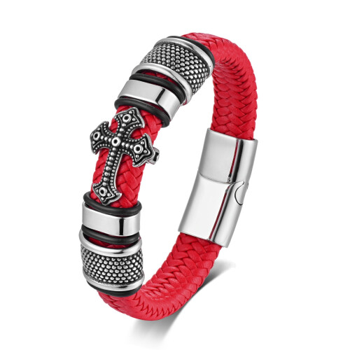 Pulseira de couro trançado com cruz de titânio e fecho magnético