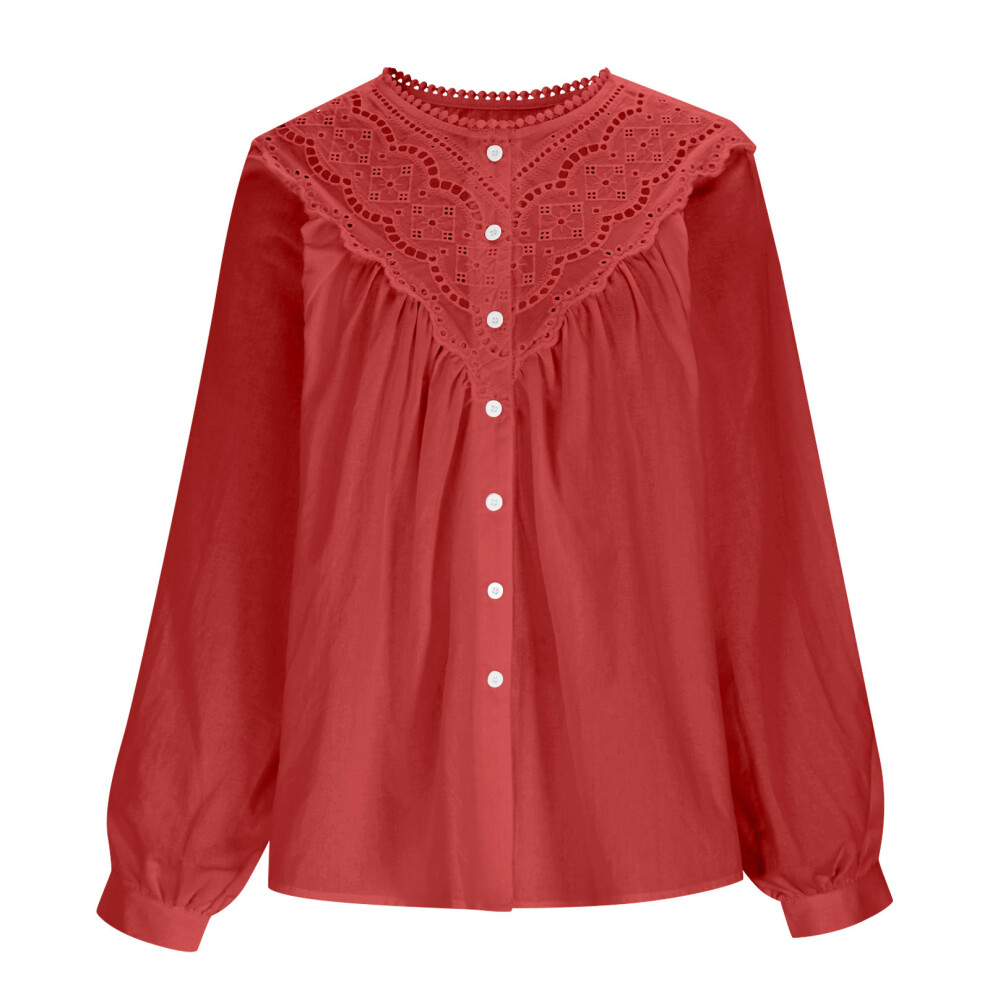 Women's Button Up Lace Crochet Patchwork Long Sleeve-Red S