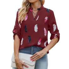 Women's Long-Sleeved Casual V-Neck Print-Burgundy M