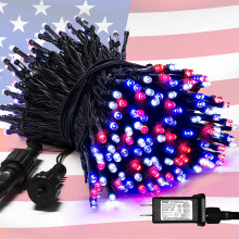Cordão de luzes patrióticas com 200 LEDs nas cores vermelho, branco e azul, 20 metros (66 pés)