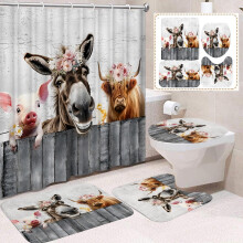 Ensemble rideau de douche à tête de taureau avec tapis 4 pièces