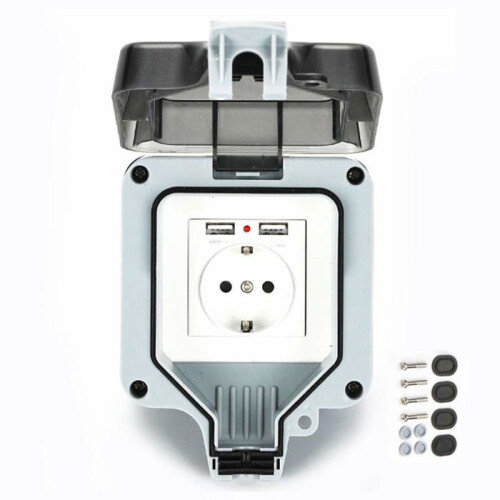 Outdoor wall socket with USB port, IP66 waterproof socket, garden socket, protective contact for damp locations 1