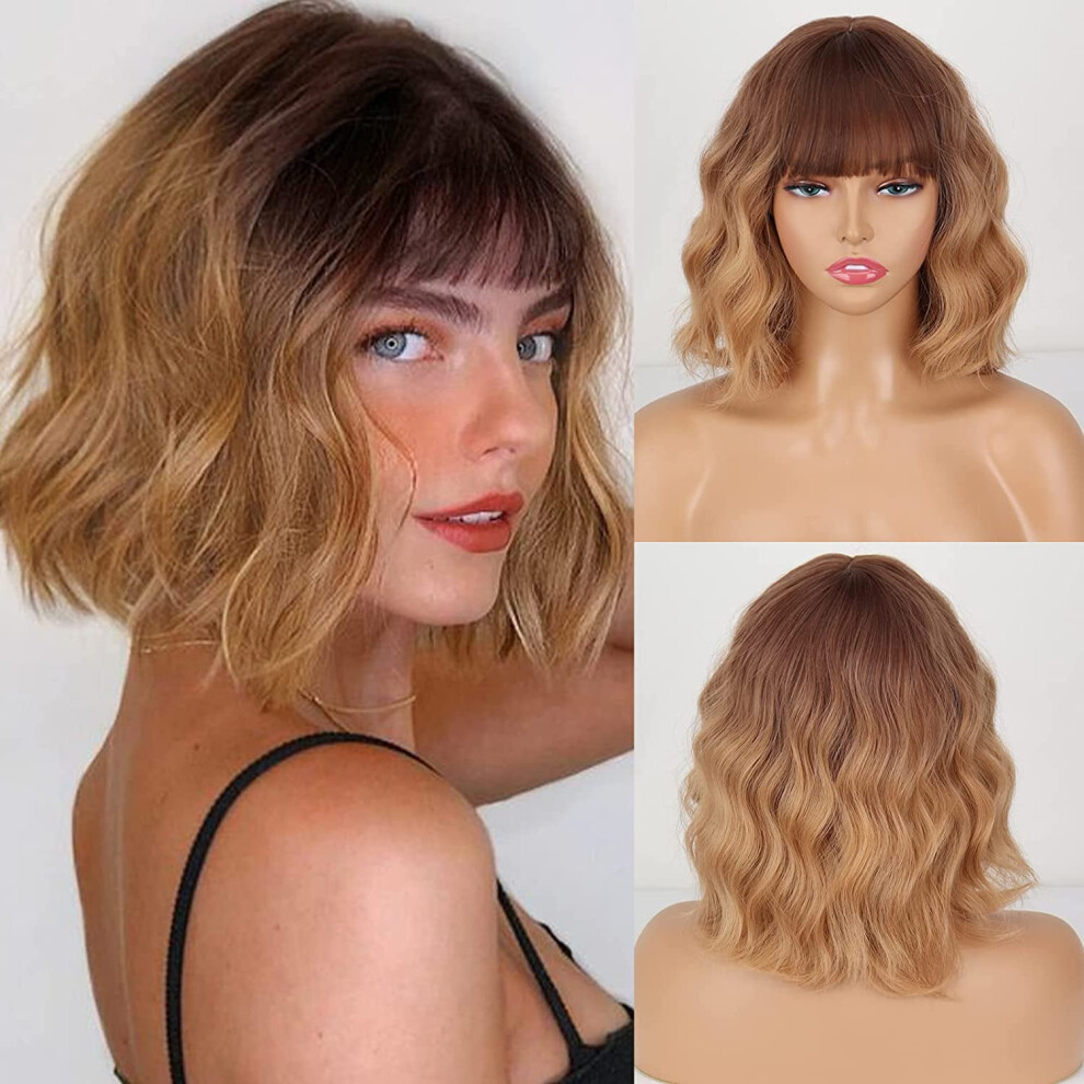Unisex Short Wavy Blonde Bob Wig With Bangs