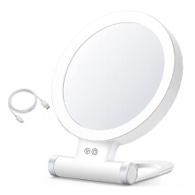 Dubbelzijdige LED-make-upspiegel met 5x, 10x, 20x en 30x vergroting.