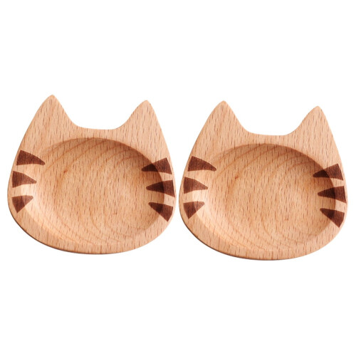 2 assiettes à trempette en bois en forme de chat 2