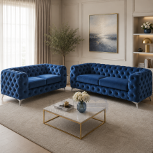 (3+2 Seater, Blue) Luxury Italian Chesterfield Sofa Set Plush Velvet 3 & 2 Seater, 5 Seater Corner Sofa Deep Button Tufted Couch