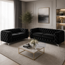 (3+2 Seater, Black) Luxury Italian Chesterfield Sofa Set Plush Velvet 3 & 2 Seater, 5 Seater Corner Sofa Deep Button Tufted Couch
