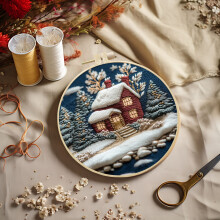 Kit per ricamo a mano fai da te "Casetta di neve nella foresta di Natale" - Set completo di tessuto con aghi e fili - Telaio da 15 cm - Idea regalo e