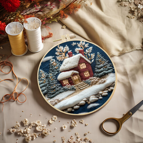 Juleskov Snehus Broderikit 15 cm Hoop
