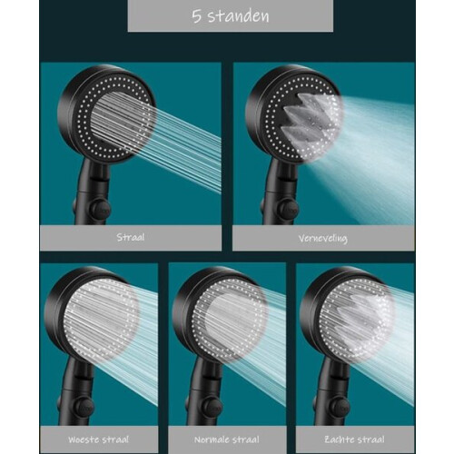 Shower Head with Hose, Wall Bracket, 5 Settings & STOP Function - Black 2