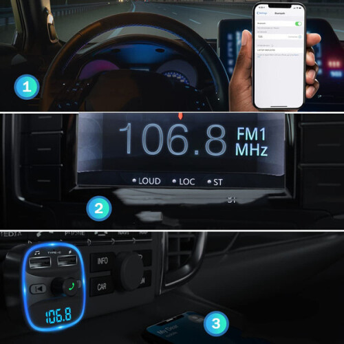 Dual USB Fast Charger Bluetooth FM Transmitter for Car, Hands-Free Calling & Mood Lighting 2