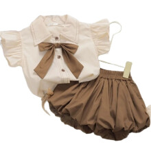 (Apricot, 80cm) 2026 summer suit children baby girl short-sleeved Korean style clothes small flying sleeve shorts two-piece set trendy