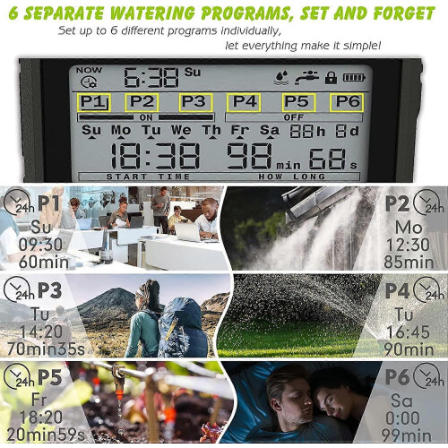 Dewy Automatic Garden Watering Timer with Rain Sensor, 6 Independent Programs for Sprinkler Irrigation System Controller 1