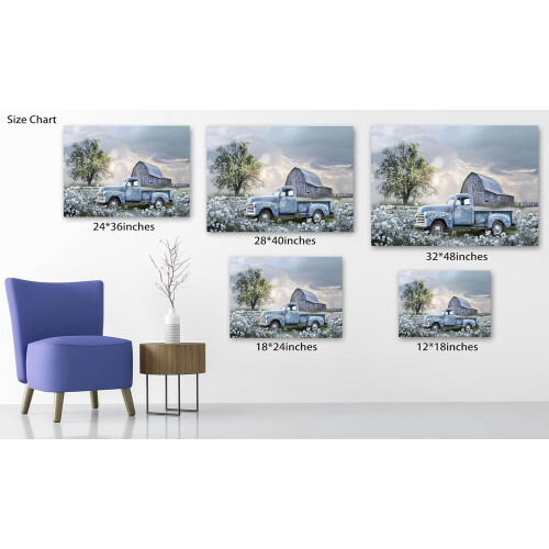 Tablou pe pânză cu camion albastru și design rustic, 30x45 cm 1