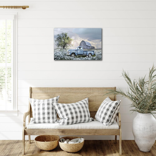 Tablou pe pânză cu camion albastru și design rustic, 30x45 cm 2