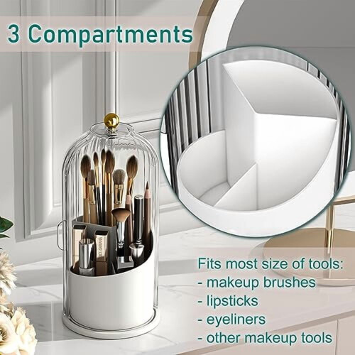 Makeup Brush Holder with Lid, 360 Rotating, 3-Compartment 2