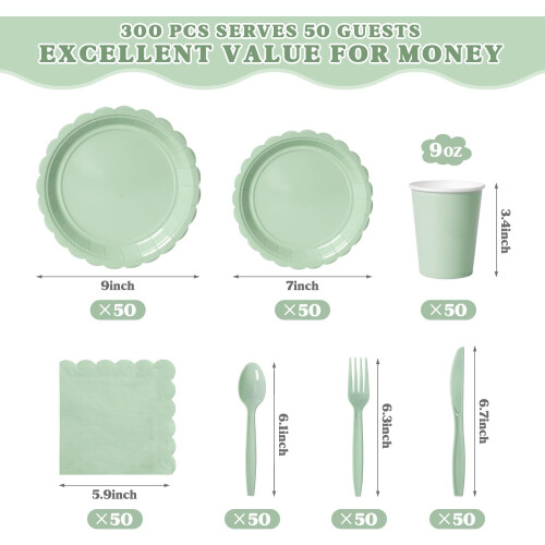 Ensemble de vaisselle jetable vert sauge pour 50 personnes 1