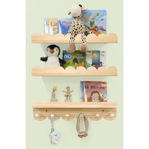 Natural Pine Floating Nursery Bookshelves with Hooks –