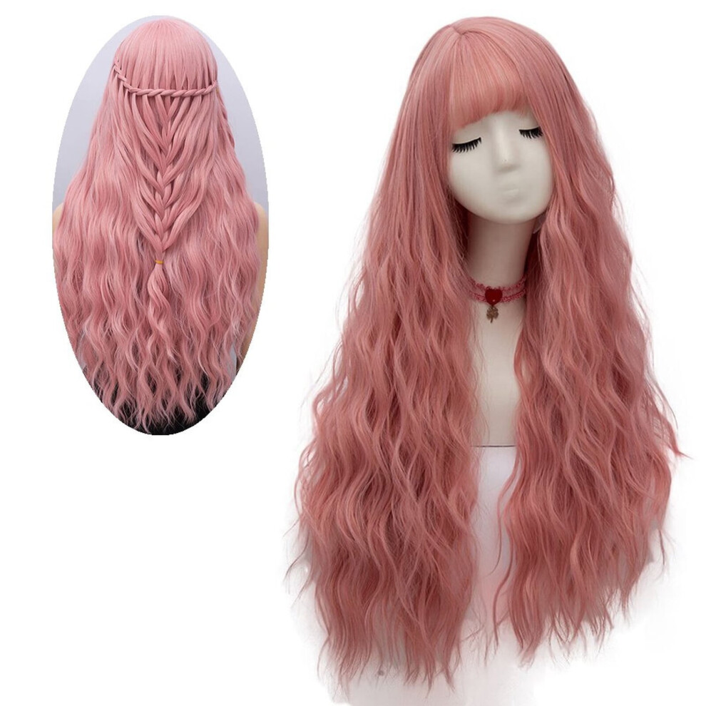Unisex Pink Long Curly Synthetic Wig For Women