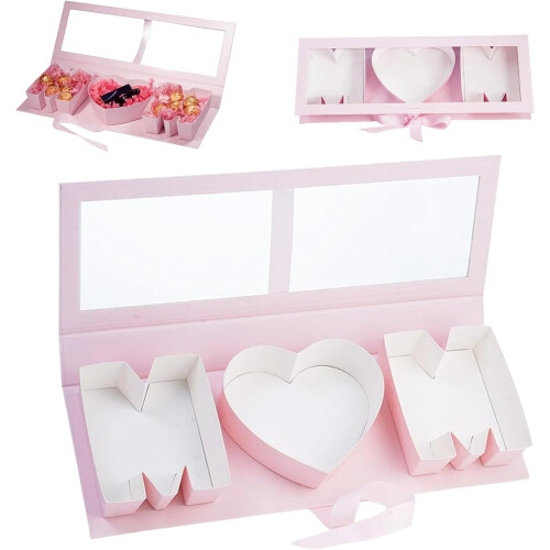 Geschenkbox „MOM“ in Buchstabenform – Rosa oder Rot, 54,8 x 19,5 x 6,8 cm