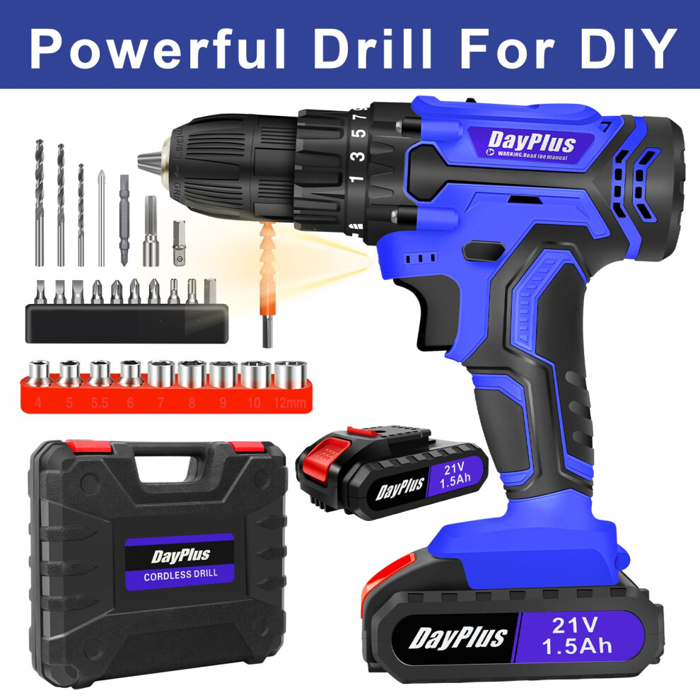 Cordless Drill Driver 21V, 45N.m Electric Combi Drill With Battery, 25+1 Torque, 26Pcs Accessories, 2 Variable Speed, Led Work Light 727277951056