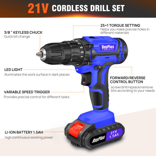 Cordless Drill Driver 21V, 45N.m Electric Combi Drill with Battery, 25+1 Torque, 26PCS Accessories, 2 Variable Speed, LED Work Light 2