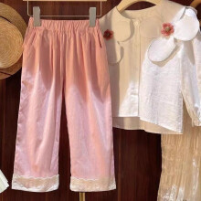 (Pink 2006, 90cm) Girls jeans spring new style 2026 baby bow soft denim wide leg casual long pants for outdoor wear