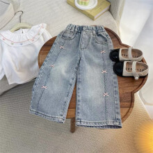 (Blue jeans, 100cm) Girls jeans spring new style 2026 baby bow soft denim wide leg casual long pants for outdoor wear