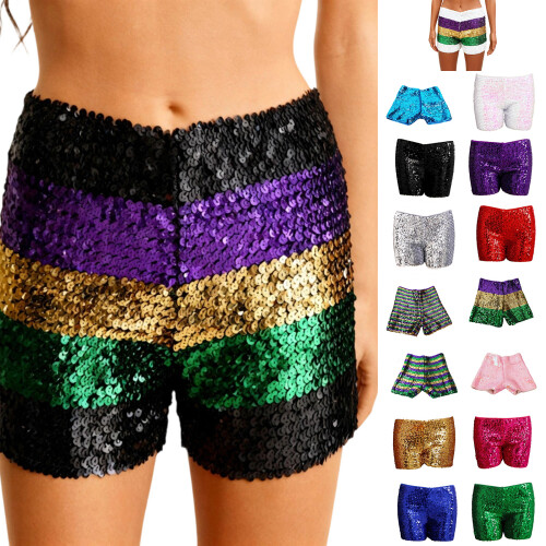 Women Summer Sequins Shorts Solid Straight Leg-Single row p L 1
