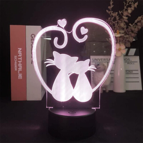 Veilleuse LED 3D en forme de chat avec télécommande et socle noir