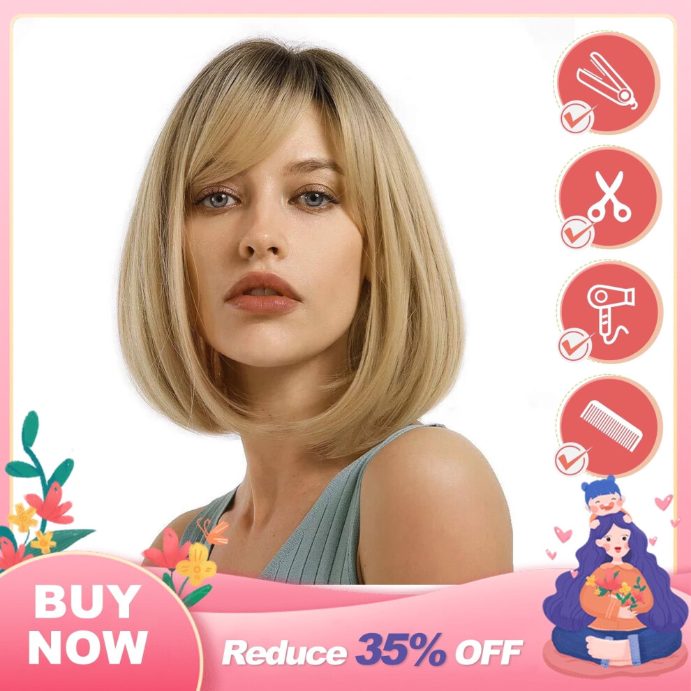 Unisex Black Short Blonde Bob Wig With Bangs Synthetic Hair