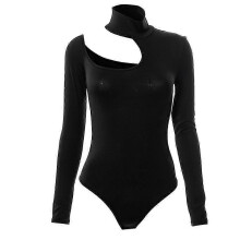 Women Long Sleeve Turtleneck Bodysuit Sexy Asymmetric Cutout Cold Shoulder Bodycon Leotard Solid Color Slim Rompers Top