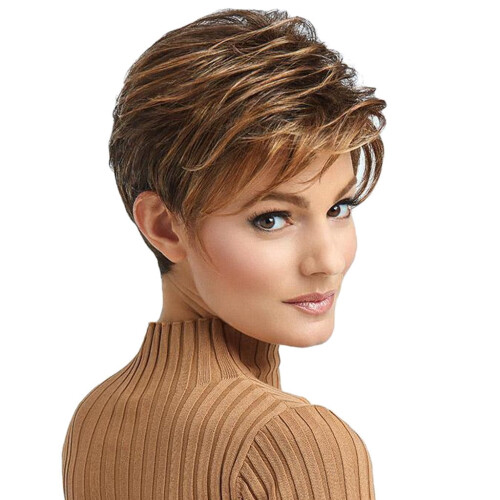 Pixie-Cut-Perücke, dunkelbraun mit blonden Strähnen, synthetisch 2