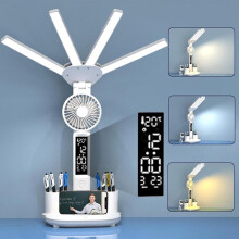 Lampe de bureau LED pour enfants avec 4 tĂŞtes, ventilateur, horloge, porte-stylo, calendrier
