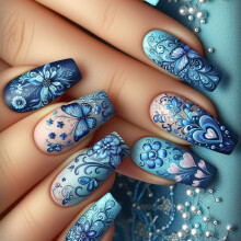 Faux ongles à coller en forme de cercueil – French manucure, papillon et fleurs