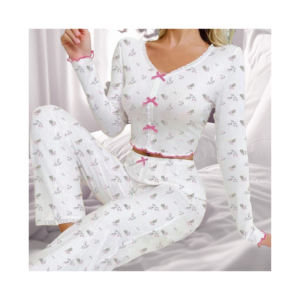 (Pink, XXL) Hot-selling home wear printed love V-neck long-sleeved pajamas for women that can be worn outside trousers two-piece set-image-OPC-PV5WD2N-NEW