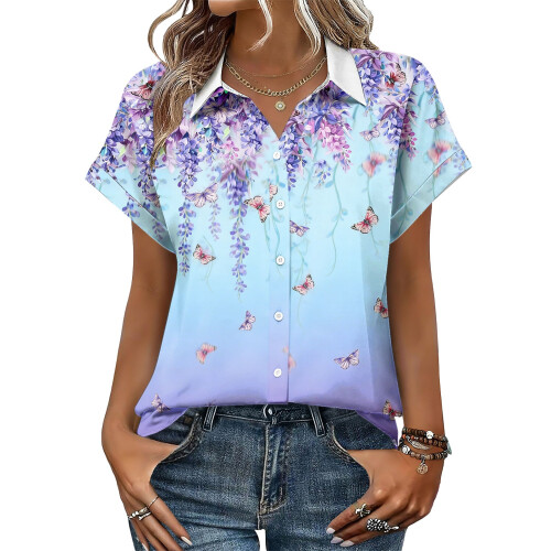 Women's Button-Down Shirts, Short Sleeve, V-Neck,-Blue XXL