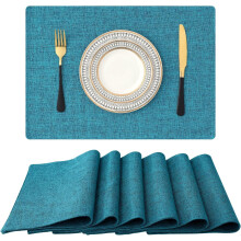 Set van 6 placemats van katoen en linnen, 33 x 48 cm, turquoise