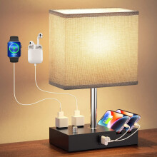 Lampe de chevet en bois gris à intensité variable avec ports USB-C, USB-A et secteur