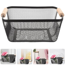 Black Rectangular Wire Storage Basket with Wood Handles