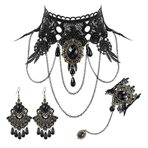 Set vintage gotico nero composto da girocollo, bracciale e orecchini