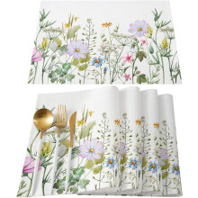 Sett med 6 bordmatter med vårblomster, bomull-lin, 33 x 43 cm