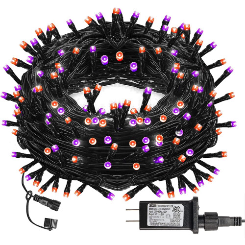 Cordão de luzes de Halloween com 300 LEDs, 30 metros, 8 modos, roxo e