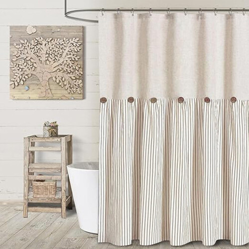 Rideau de douche beige en lin mélangé à rayures marron
