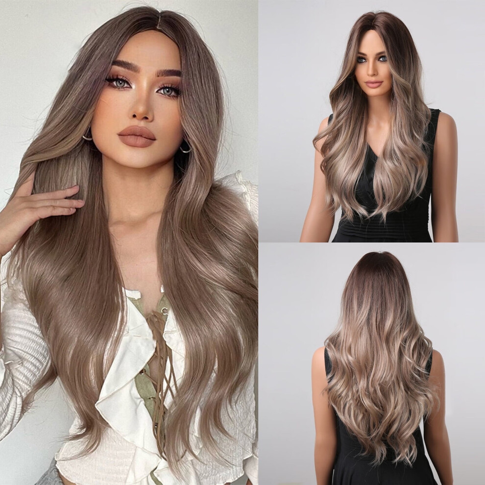 Unisex Brown Long Wavy Gradient Synthetic Wig 60Cm