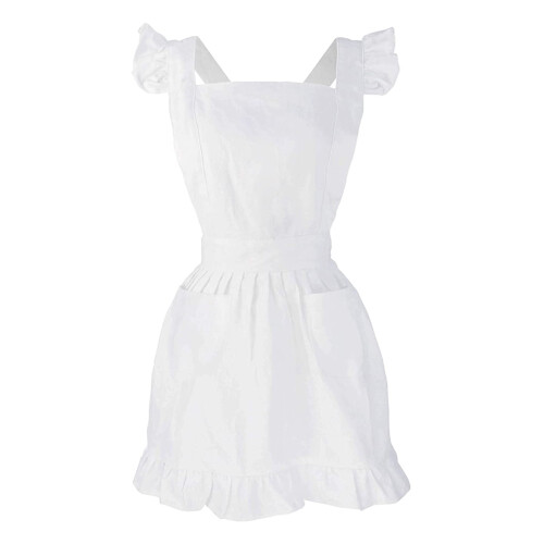 Grembiule vittoriano in cotone bianco con volant e tasche