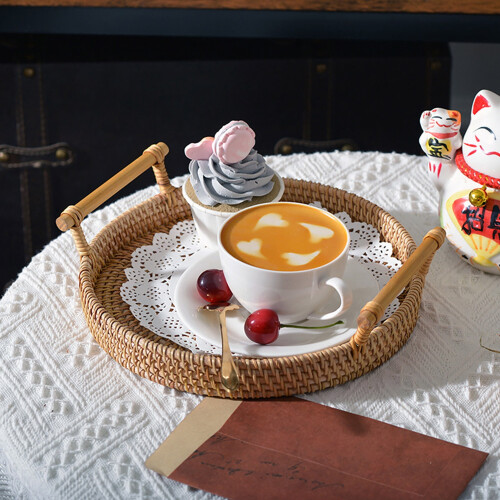 Round rattan serving tray with handles 12-inch 2