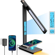 Lampe de bureau LED avec chargeur sans fil 10 W, port USB, écran LCD, 5 modes d'éclairage, noire