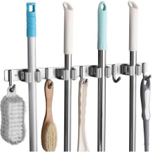 Stainless Steel Wall-Mounted Broom Holder with 4 Slots and 5 Hooks for Kitchen and Bathroom